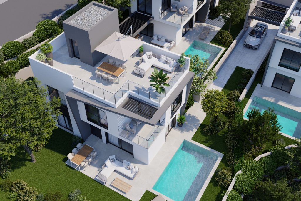 Villa exterior render — Alonis Villas